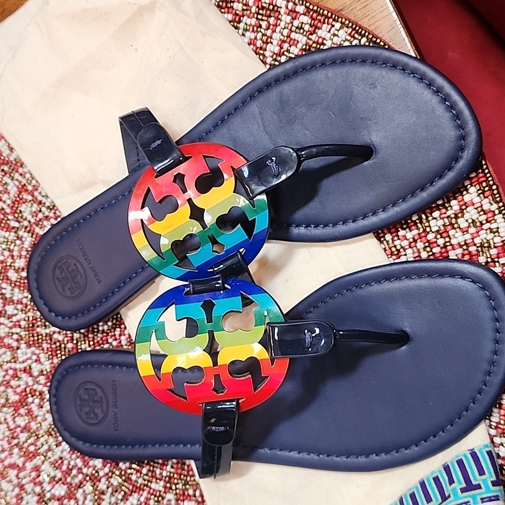 EUC Tory Burch Women's Navy Rainbow Miller Sandals Size 9.5